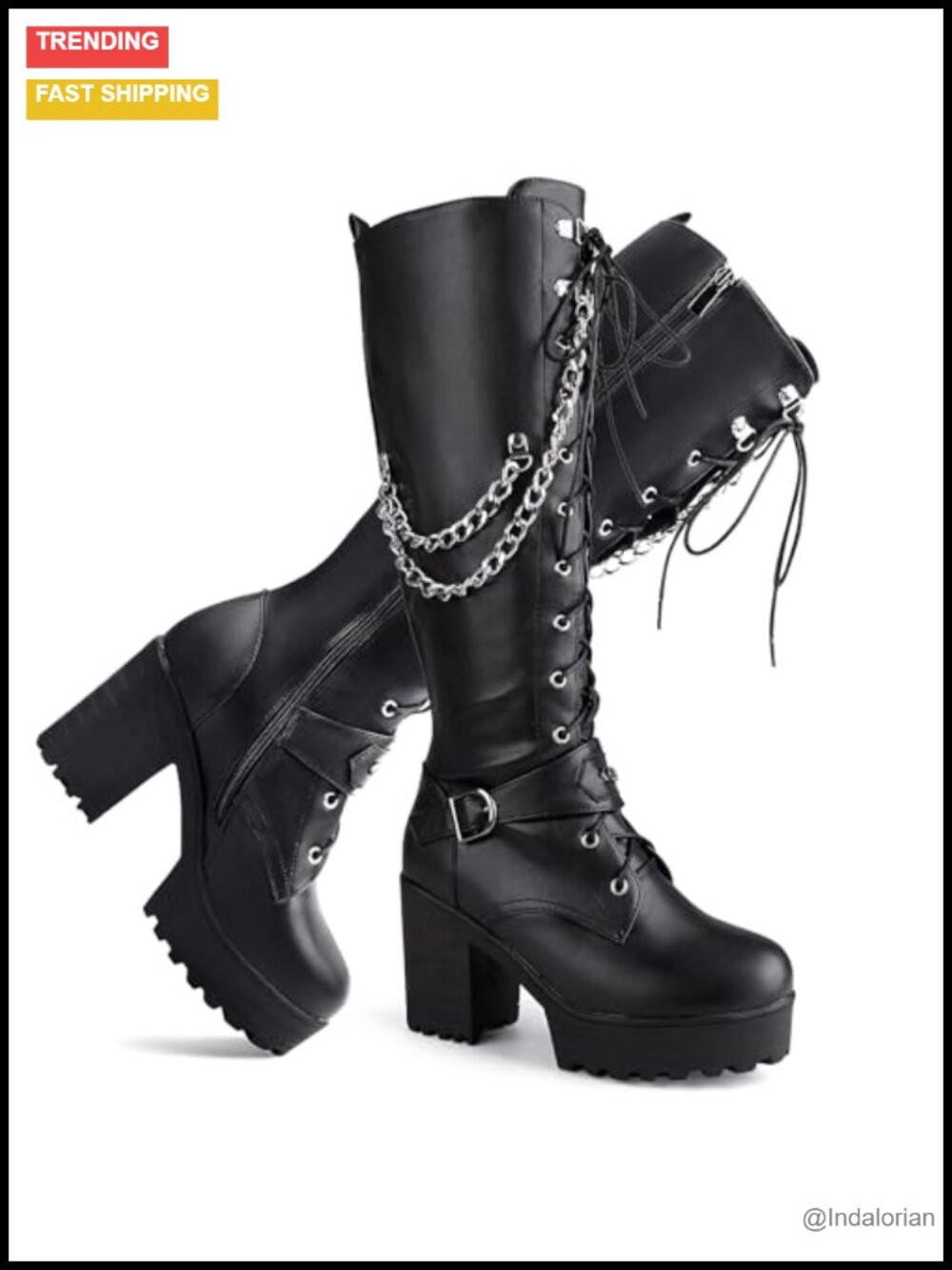 Faux Leather Knee High Combat Boots Platform High Heels Side Zip Lace Up
